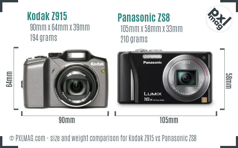 Kodak Z915 vs Panasonic ZS8 size comparison