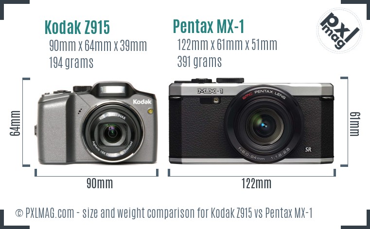 Kodak Z915 vs Pentax MX-1 size comparison