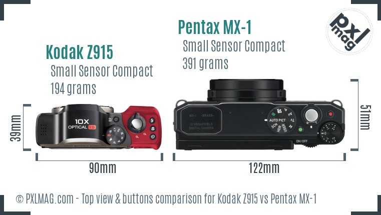 Kodak Z915 vs Pentax MX-1 top view buttons comparison