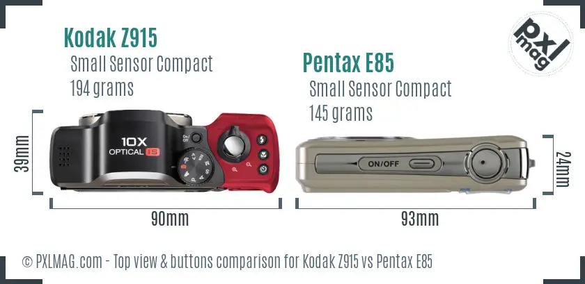 Kodak Z915 vs Pentax E85 top view buttons comparison