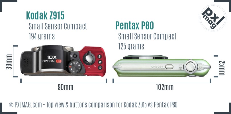 Kodak Z915 vs Pentax P80 top view buttons comparison