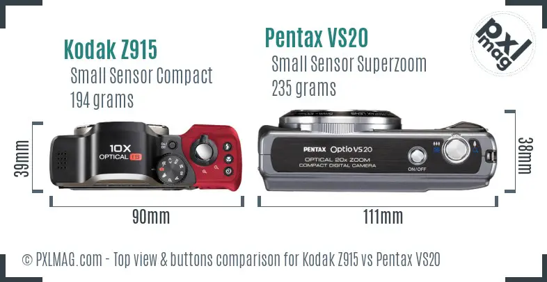 Kodak Z915 vs Pentax VS20 top view buttons comparison