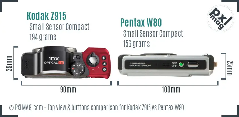 Kodak Z915 vs Pentax W80 top view buttons comparison