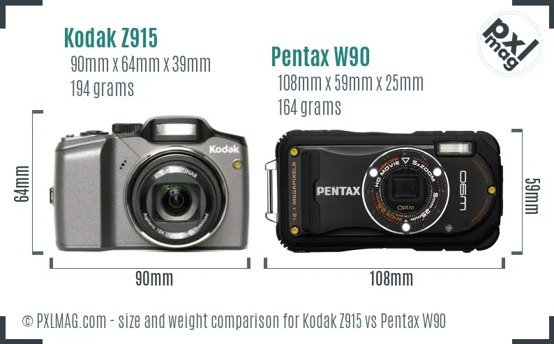 Kodak Z915 vs Pentax W90 size comparison