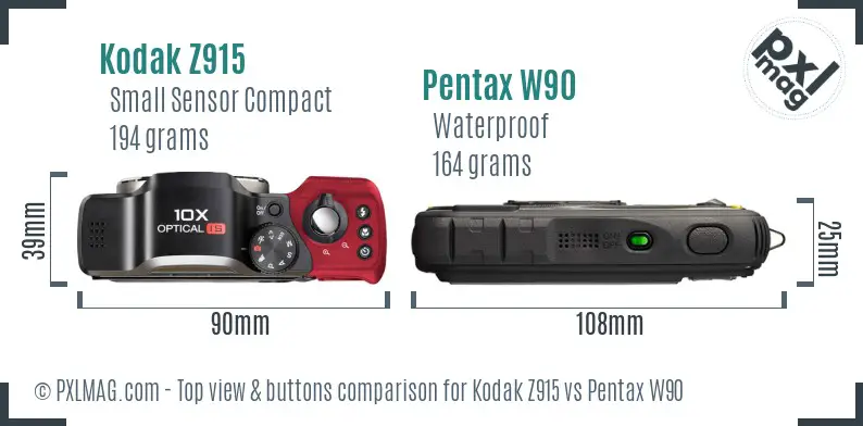 Kodak Z915 vs Pentax W90 top view buttons comparison