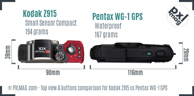 Kodak Z915 vs Pentax WG-1 GPS top view buttons comparison
