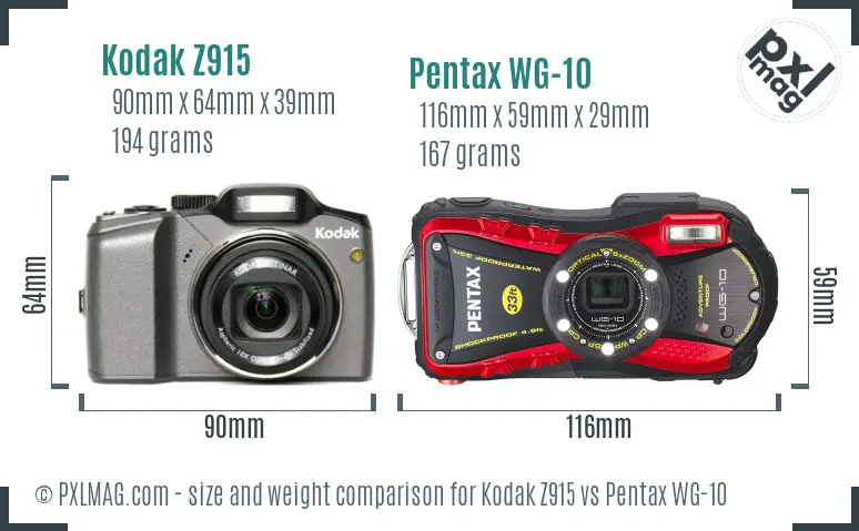 Kodak Z915 vs Pentax WG-10 size comparison