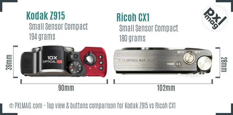 Kodak Z915 vs Ricoh CX1 top view buttons comparison