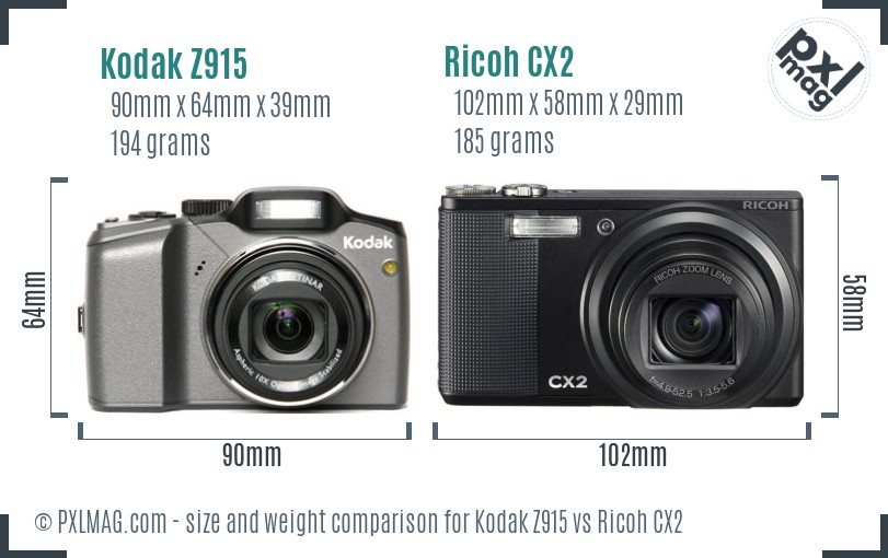 Kodak Z915 vs Ricoh CX2 size comparison