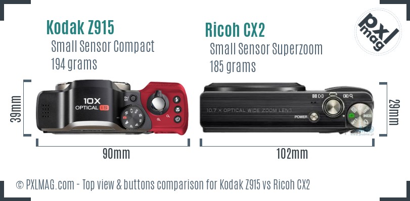 Kodak Z915 vs Ricoh CX2 top view buttons comparison