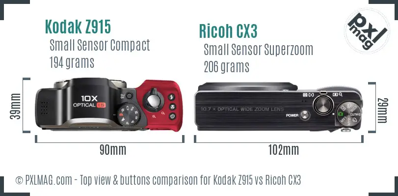Kodak Z915 vs Ricoh CX3 top view buttons comparison Kodak Z915 vs Ricoh CX3 top view buttons comparison