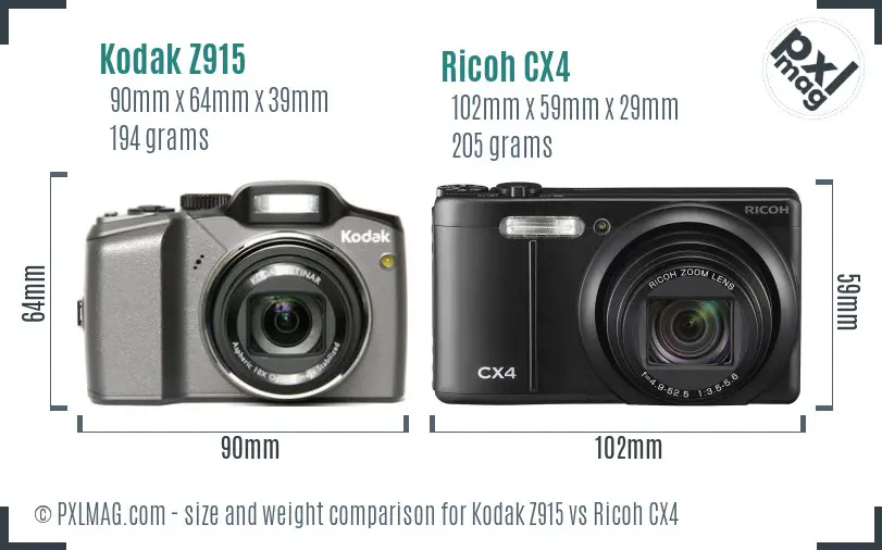 Kodak Z915 vs Ricoh CX4 size comparison