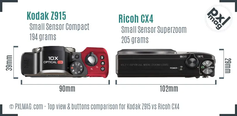 Kodak Z915 vs Ricoh CX4 top view buttons comparison