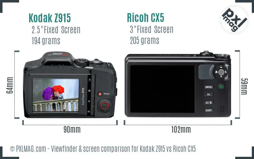 Kodak Z915 vs Ricoh CX5 Screen and Viewfinder comparison