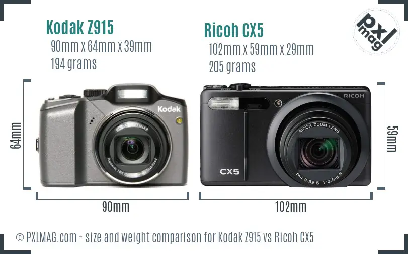 Kodak Z915 vs Ricoh CX5 size comparison