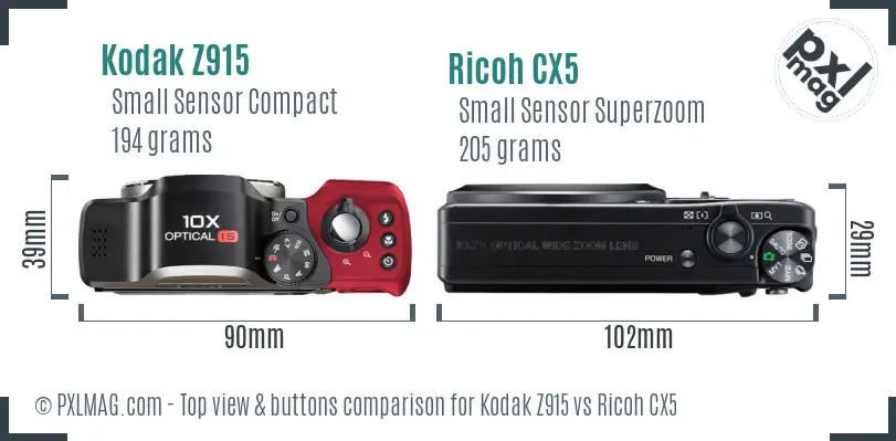 Kodak Z915 vs Ricoh CX5 top view buttons comparison