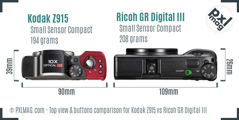 Kodak Z915 vs Ricoh GR Digital III top view buttons comparison Kodak Z915 vs Ricoh GR Digital III top view buttons comparison
