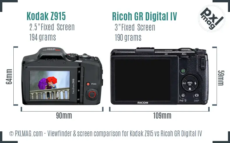 Kodak Z915 vs Ricoh GR Digital IV Screen and Viewfinder comparison