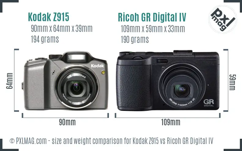 Kodak Z915 vs Ricoh GR Digital IV size comparison