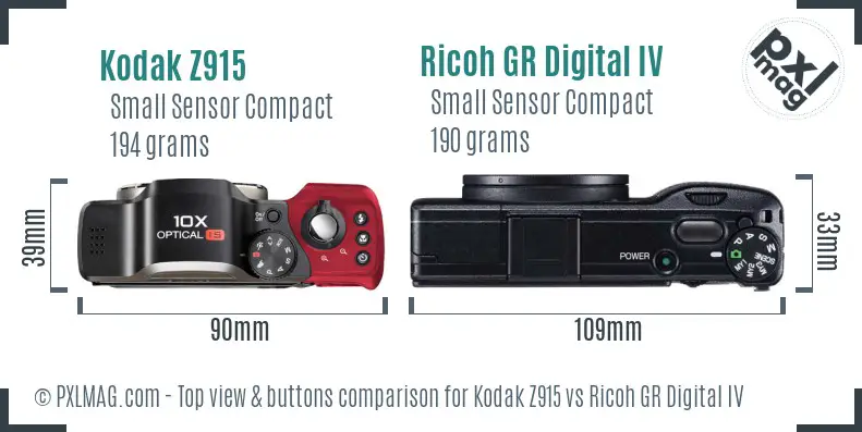 Kodak Z915 vs Ricoh GR Digital IV top view buttons comparison