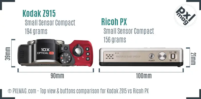 Kodak Z915 vs Ricoh PX top view buttons comparison Kodak Z915 vs Ricoh PX top view buttons comparison