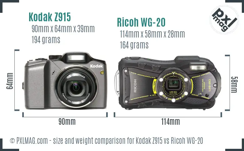 Kodak Z915 vs Ricoh WG-20 size comparison