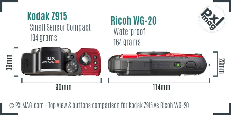 Kodak Z915 vs Ricoh WG-20 top view buttons comparison