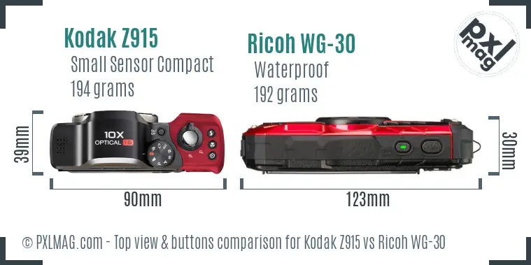 Kodak Z915 vs Ricoh WG-30 top view buttons comparison
