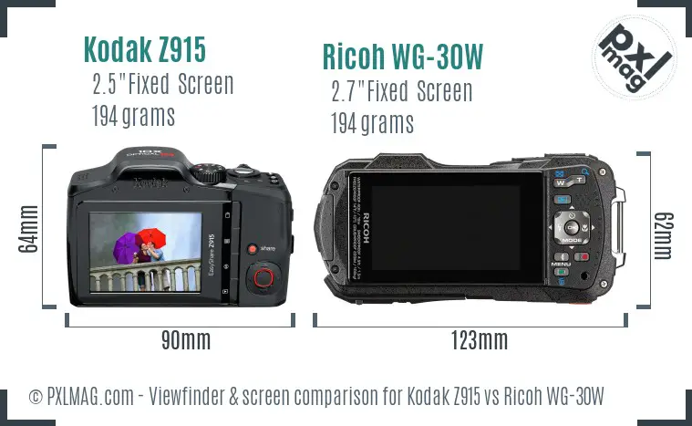 Kodak Z915 vs Ricoh WG-30W Screen and Viewfinder comparison