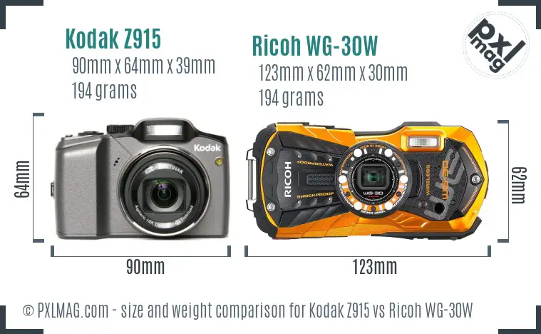 Kodak Z915 vs Ricoh WG-30W size comparison