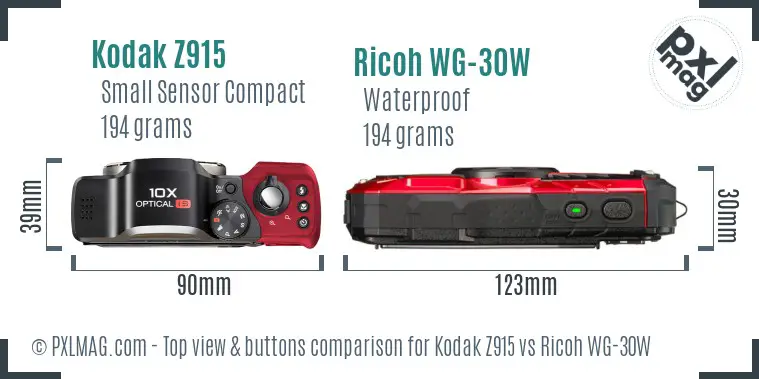 Kodak Z915 vs Ricoh WG-30W top view buttons comparison