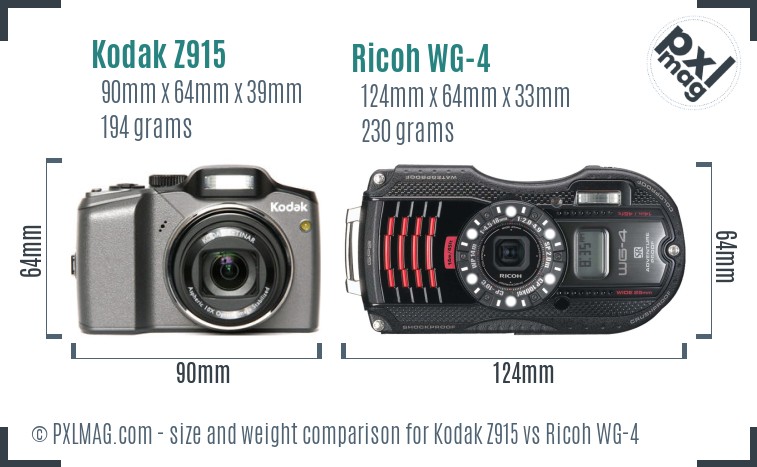 Kodak Z915 vs Ricoh WG-4 size comparison