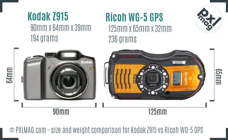 Kodak Z915 vs Ricoh WG-5 GPS size comparison