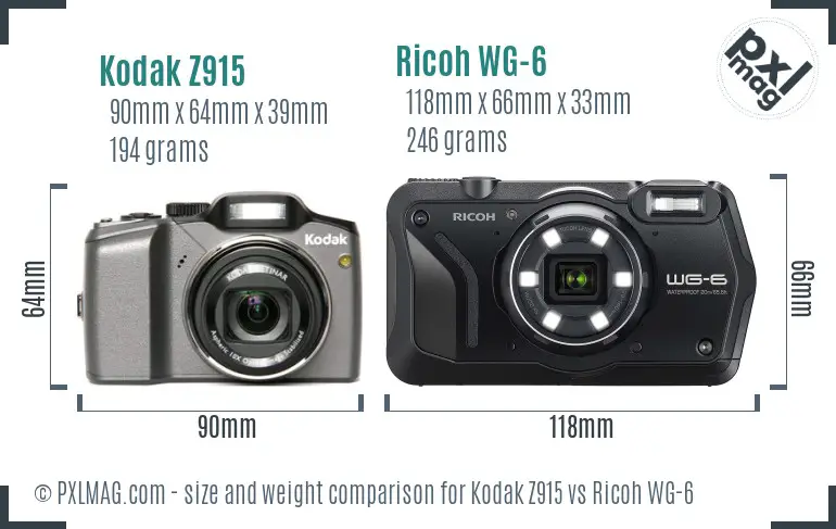 Kodak Z915 vs Ricoh WG-6 size comparison