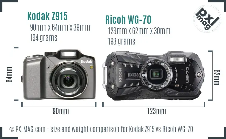 Kodak Z915 vs Ricoh WG-70 size comparison