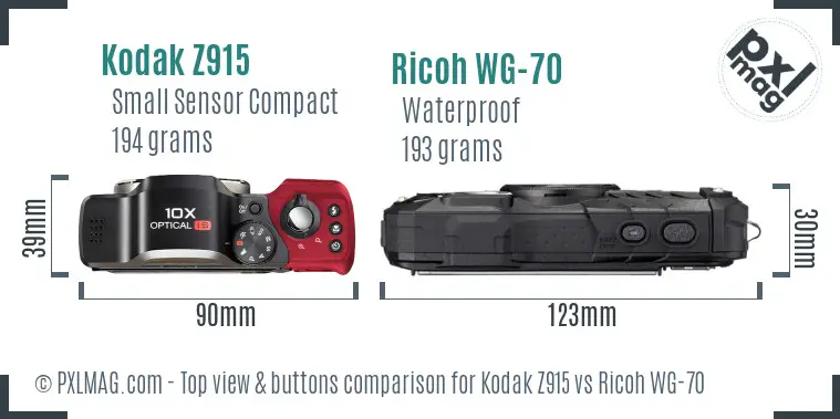 Kodak Z915 vs Ricoh WG-70 top view buttons comparison