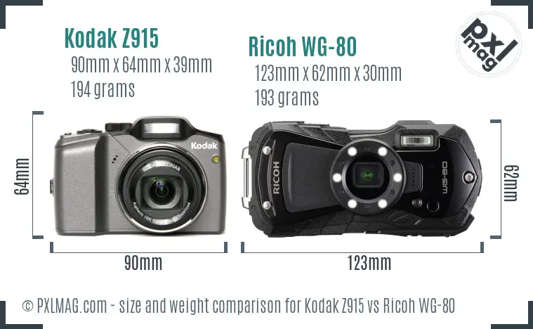 Kodak Z915 vs Ricoh WG-80 size comparison
