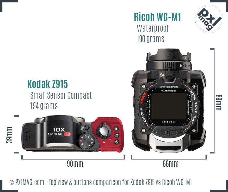 Kodak Z915 vs Ricoh WG-M1 top view buttons comparison