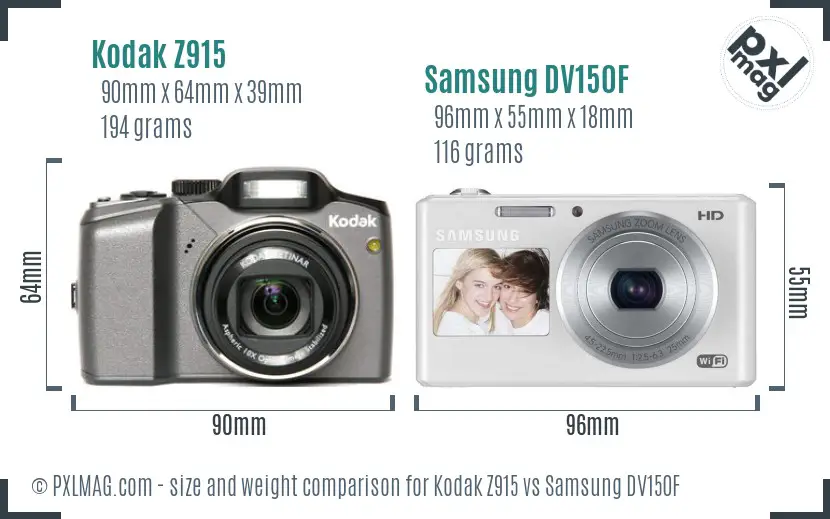 Kodak Z915 vs Samsung DV150F size comparison