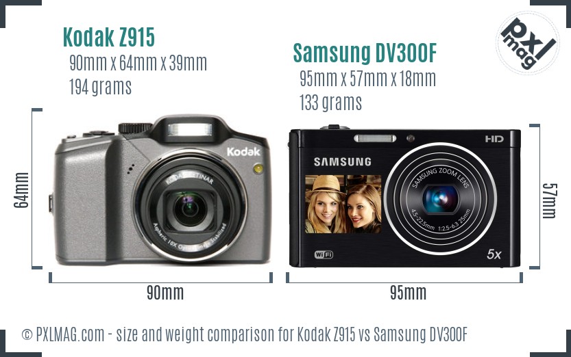 Kodak Z915 vs Samsung DV300F size comparison