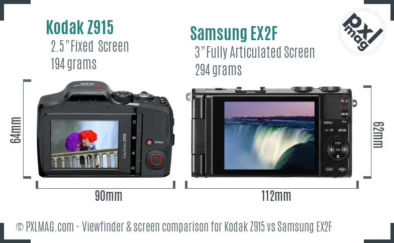 Kodak Z915 vs Samsung EX2F Screen and Viewfinder comparison