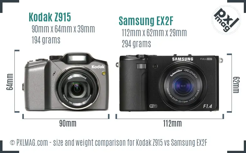 Kodak Z915 vs Samsung EX2F size comparison