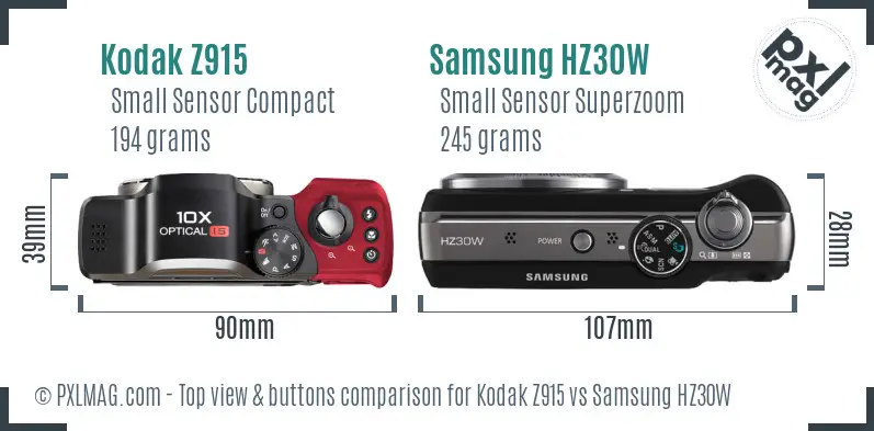 Kodak Z915 vs Samsung HZ30W top view buttons comparison