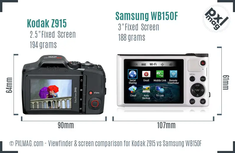 Kodak Z915 vs Samsung WB150F Screen and Viewfinder comparison