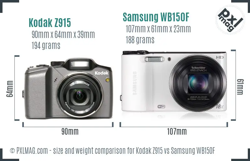 Kodak Z915 vs Samsung WB150F size comparison