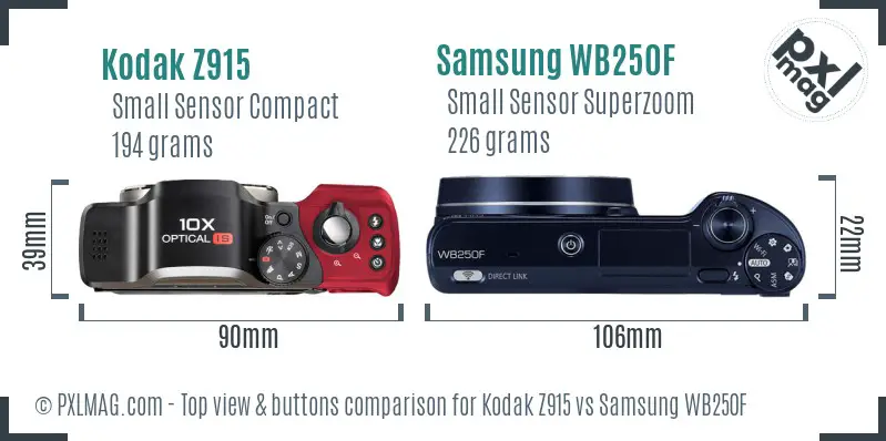 Kodak Z915 vs Samsung WB250F top view buttons comparison Kodak Z915 vs Samsung WB250F top view buttons comparison