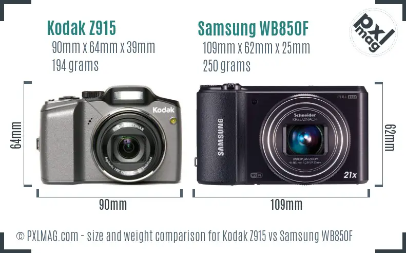 Kodak Z915 vs Samsung WB850F size comparison