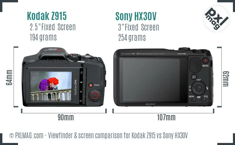 Kodak Z915 vs Sony HX30V Screen and Viewfinder comparison