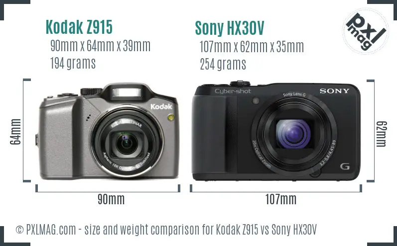 Kodak Z915 vs Sony HX30V size comparison