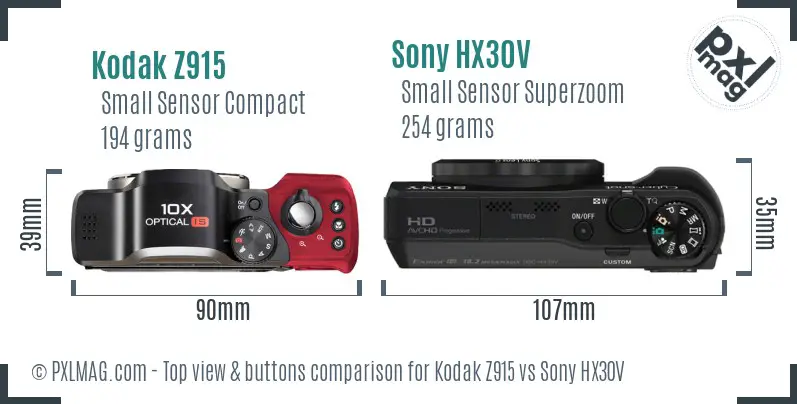 Kodak Z915 vs Sony HX30V top view buttons comparison